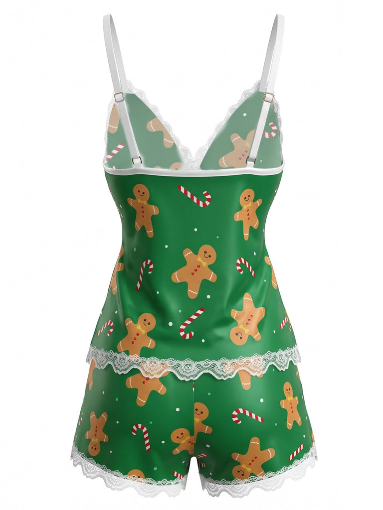 Ensemble de pyjama caraco motif Noël finitions dentelle années 1950