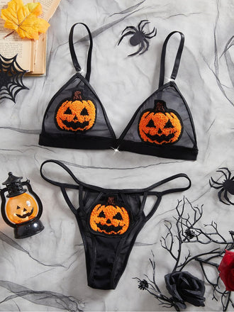 Ensemble lingerie noir d’Halloween à citrouille en peluche et tulle transparent années 1940