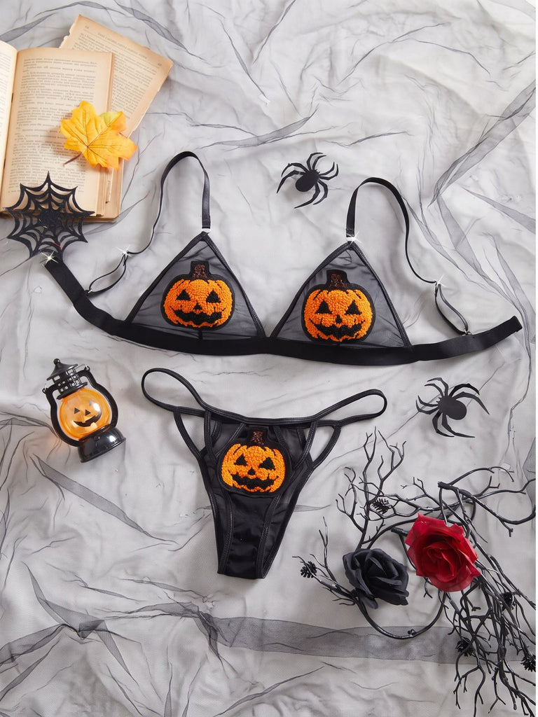Ensemble lingerie noir d’Halloween à citrouille en peluche et tulle transparent années 1940