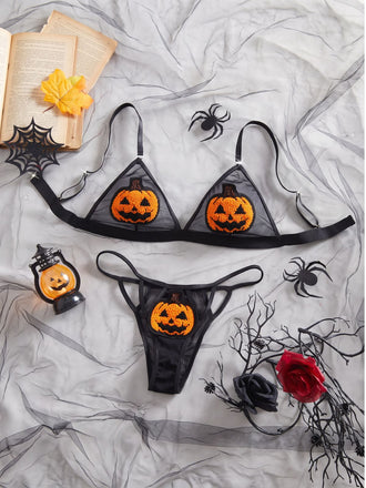 Ensemble lingerie noir d’Halloween à citrouille en peluche et tulle transparent années 1940