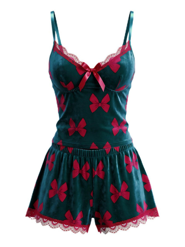 Ensemble de pyjama vert motif nœuds velours sur le thème de Noël années 1950