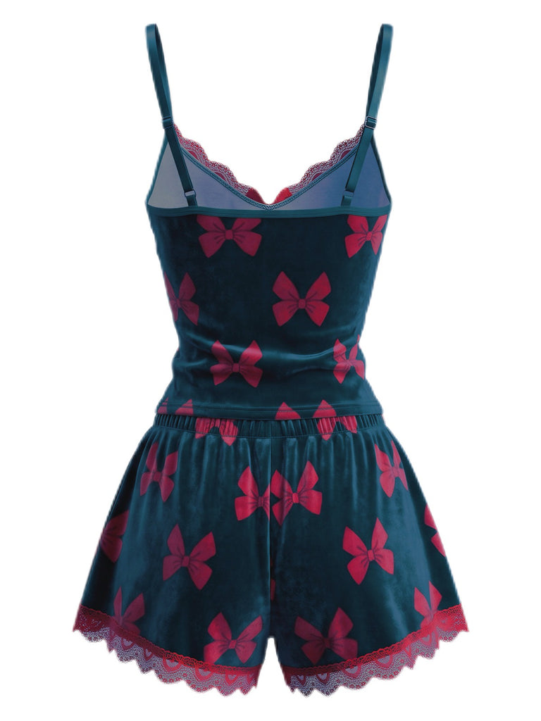 Ensemble de pyjama vert motif nœuds velours sur le thème de Noël années 1950