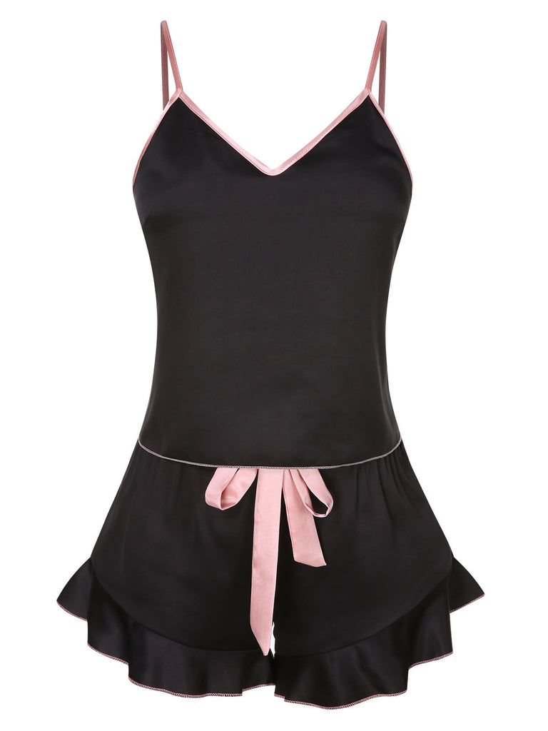 Ensemble de pyjama à bretelles en satin contrasté des années 1970