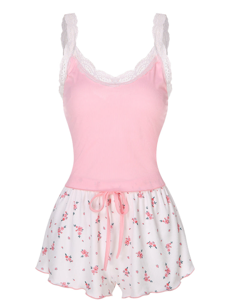 Vêtements de nuit patchwork en dentelle fleurie rose des années 1950