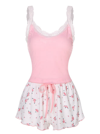 Vêtements de nuit patchwork en dentelle fleurie rose des années 1950