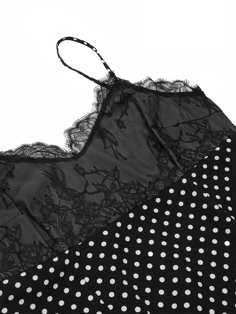 [Prévente] Chemise de nuit noire à pois  bretelles patchwork dentelle des années 1960