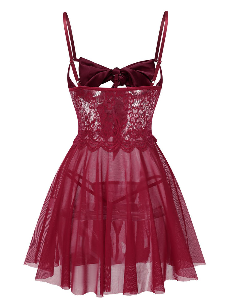 Chemise de nuit en maille et dentelle à bretelles spaghetti des années 1950