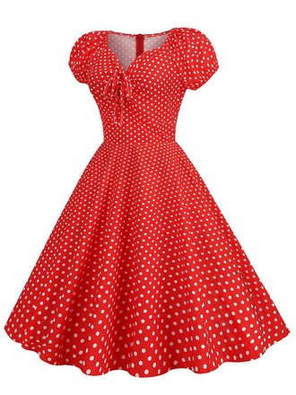 Robe pois rouge col en cœur avec nœud années 1950