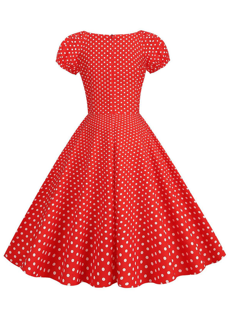 Robe pois rouge col en cœur avec nœud années 1950