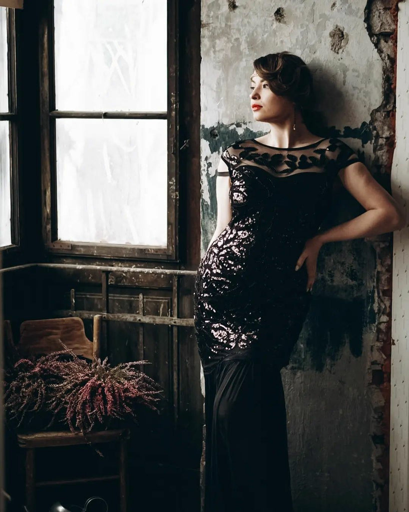 Robe Charleston Vintage Flapper Année 20 Gatsby Maxi à Paillettes Noire Soirée