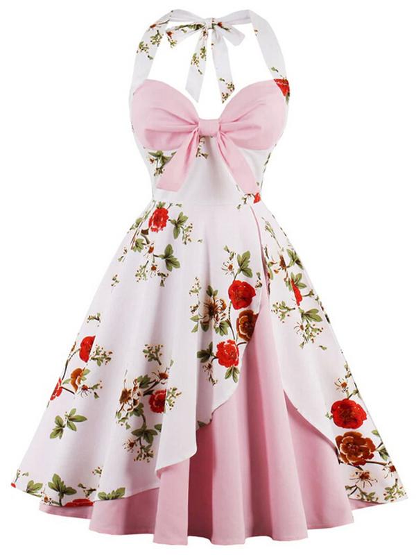 Robe Balançoire Année 50 Florale Rose à Licou Cocktail