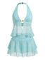 2PCS Tankini Turquoise Mousseline Halter à Volants Années 1950