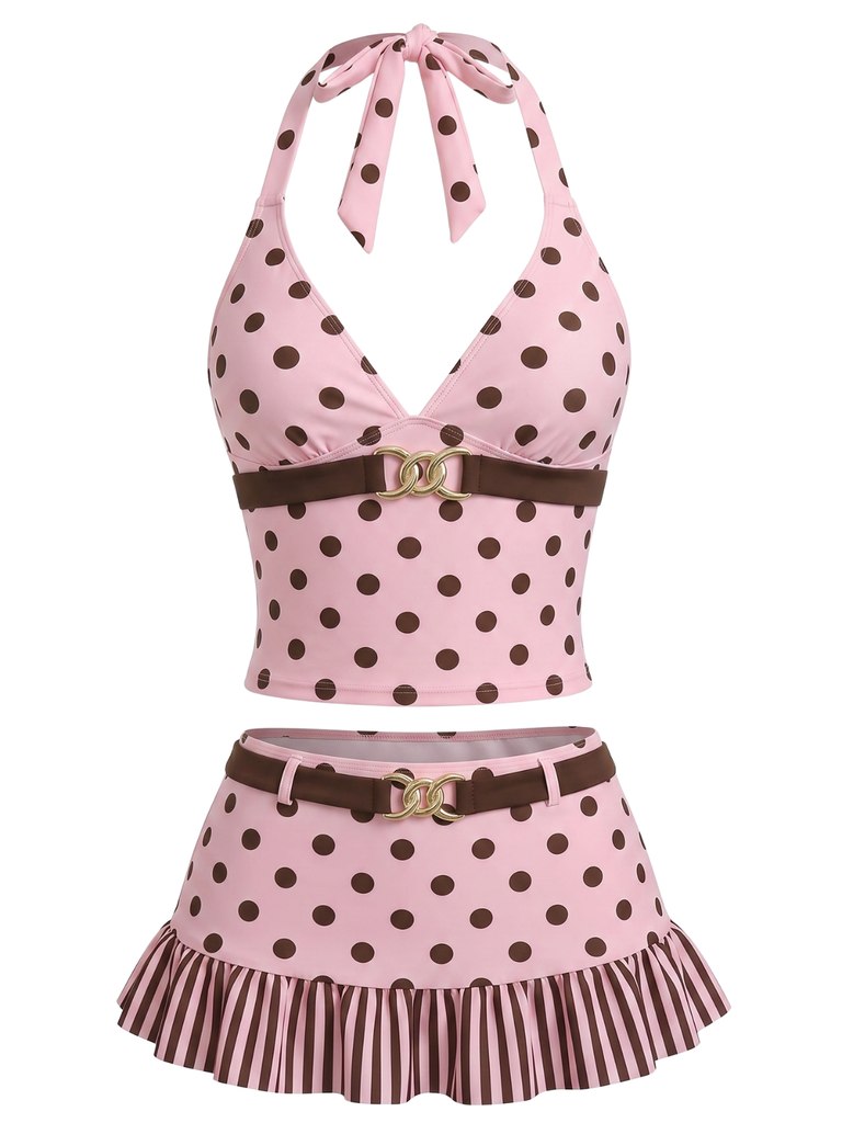 Ensemble Tankini Dos Nu à Pois Rose années 50