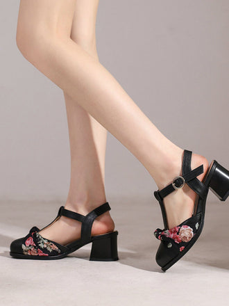 Vintage Floral Bow Round Toe T-Strap Mary Jane Sandals - vintage fashion, retro style