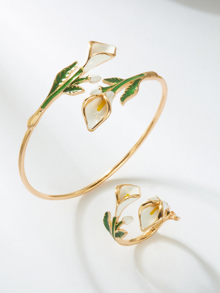 Ensemble Bracelet Manchette et Bague Floral Vintage
