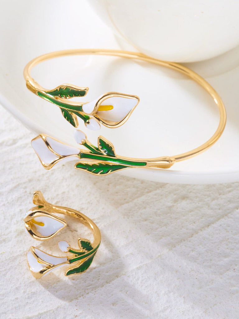 Ensemble Bracelet Manchette et Bague Floral Vintage