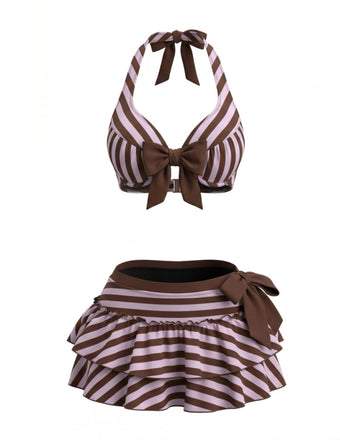 [Prévente] Rayée Dos-Nu Nœud à Volants Ensemble Bikini Violet Années 1950