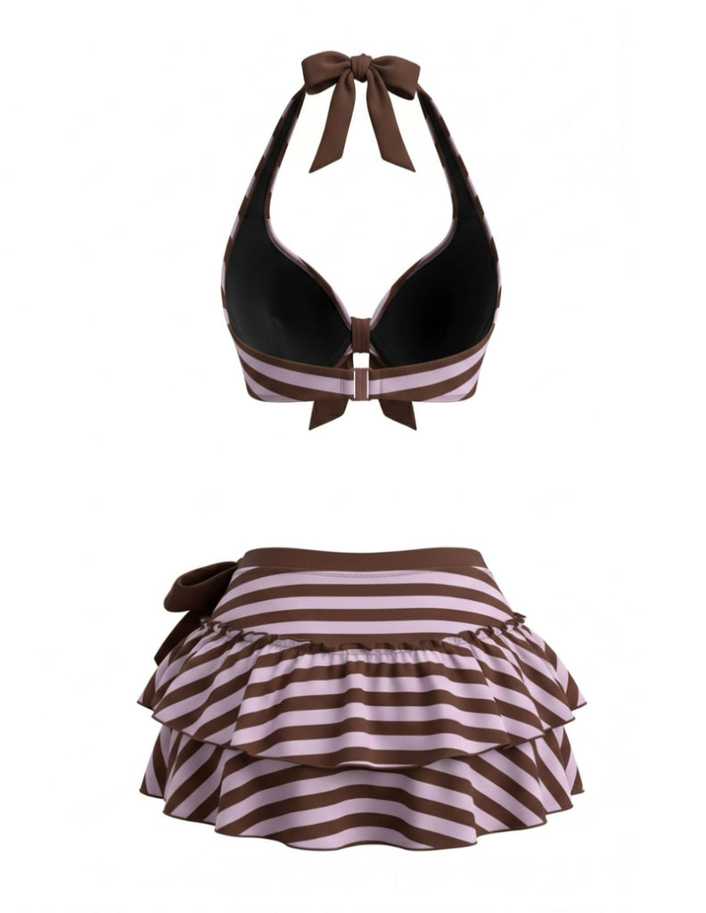 [Prévente] Rayée Dos-Nu Nœud à Volants Ensemble Bikini Violet Années 1950 2