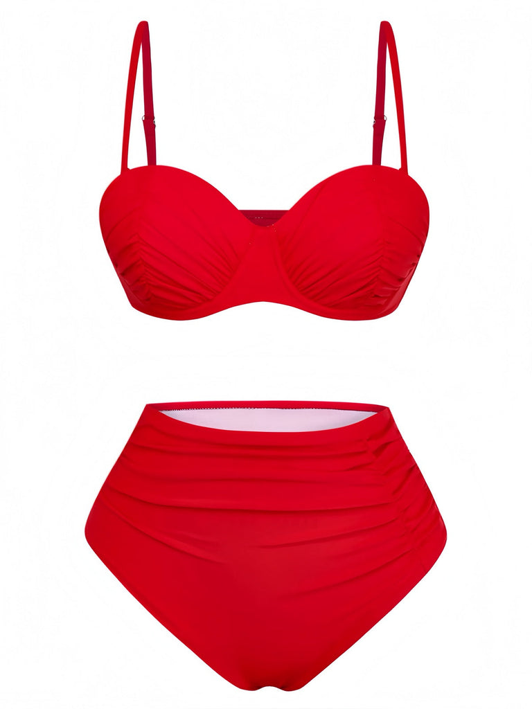 Ensemble bikini rouge vif des années 1940, taille haute et froncé
