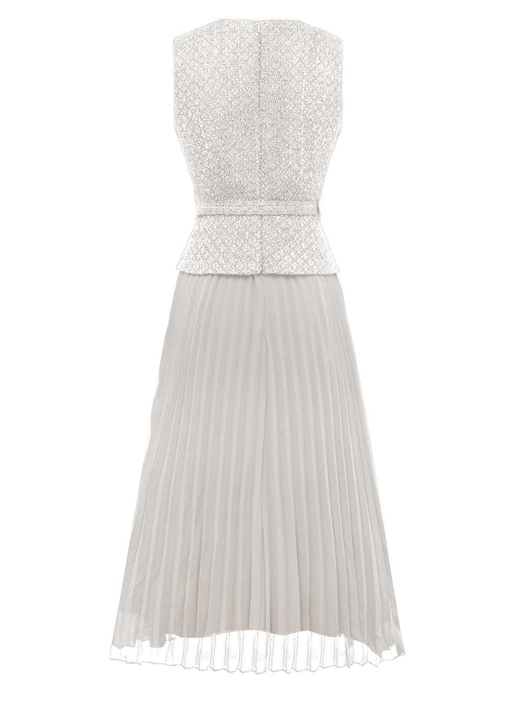 Robe plissée sans manches à boutons nacrés et ceinture années 1960