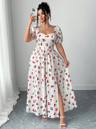 [Grande Taille] Robe Longue à Fente Imprimé Cerises Blanche Années 1940