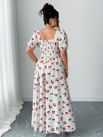 [Grande Taille] Robe Longue à Fente Imprimé Cerises Blanche Années 1940 2