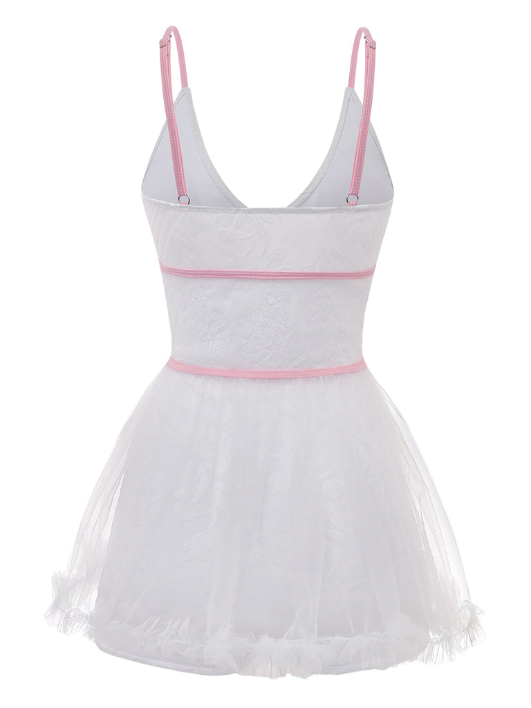 White Skirt-Swimsuit with pink straps on a white background