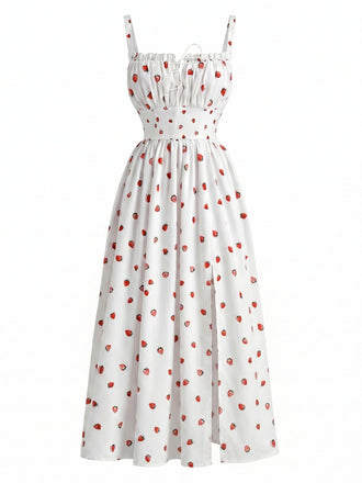 Robe à Bretelles avec Fente Fraise Blanc Années 40