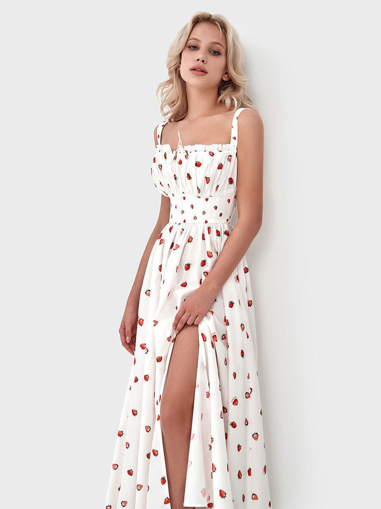 Robe à Bretelles avec Fente Fraise Blanc Années 40