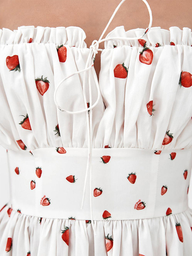 Robe à Bretelles avec Fente Fraise Blanc Années 40