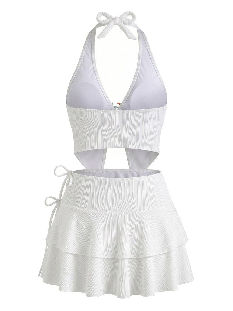 3PCS Blanc Uni Étoile de Mer Dos-Nu Maillot de Bain Années 1950 3