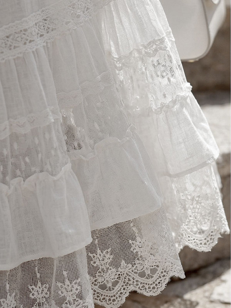 Robe Bohème Épaules Dénudées en Dentelle à Volants Étagés Blanche Années 1970