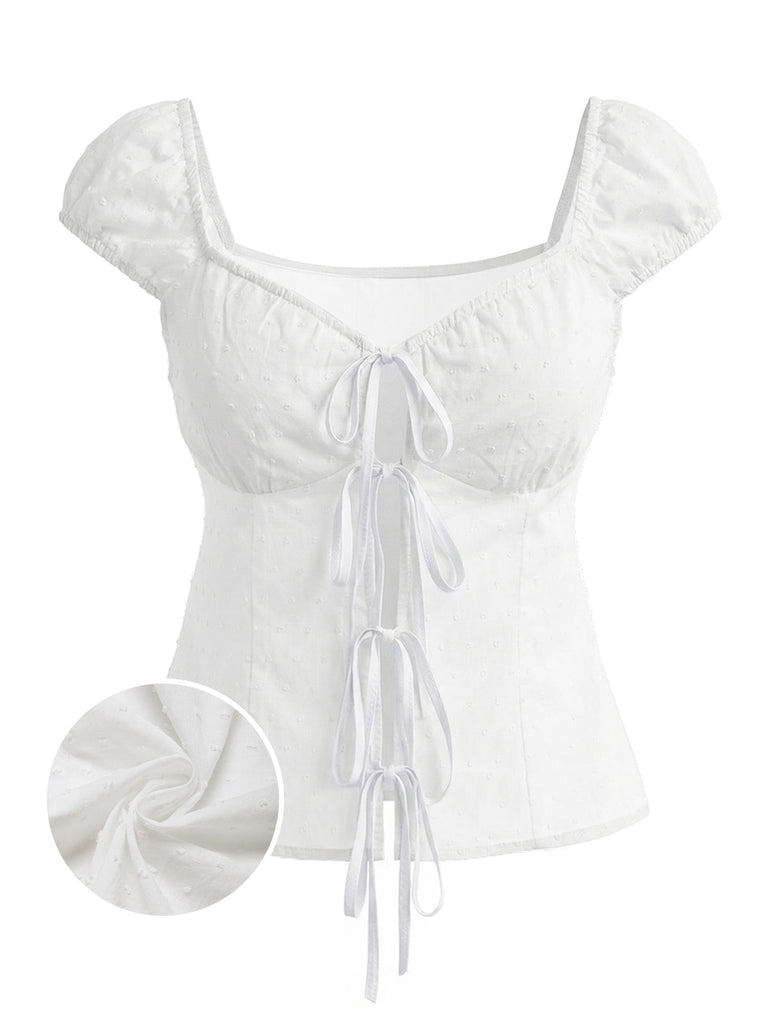 [Prévente] Blouse en Pur Coton à Pois et Nœud Blanc Années 1970