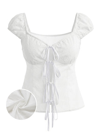 [Prévente] Blouse en Pur Coton à Pois et Nœud Blanc Années 1970