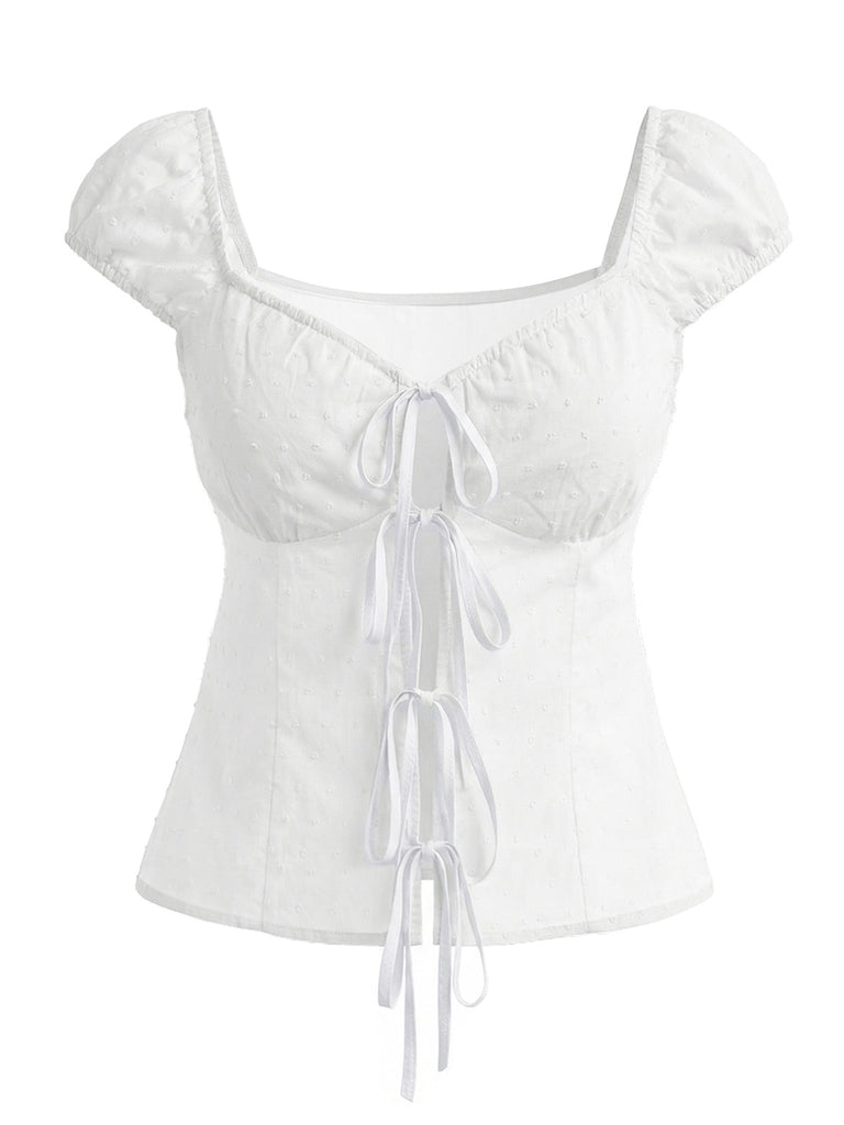 [Prévente] Blouse en Pur Coton à Pois et Nœud Blanc Années 1970 2