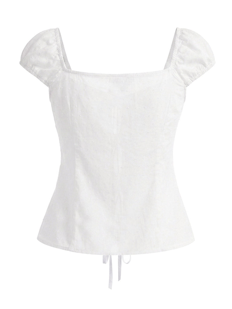 [Prévente] Blouse en Pur Coton à Pois et Nœud Blanc Années 1970 4