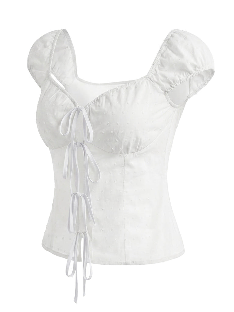 [Prévente] Blouse en Pur Coton à Pois et Nœud Blanc Années 1970 3