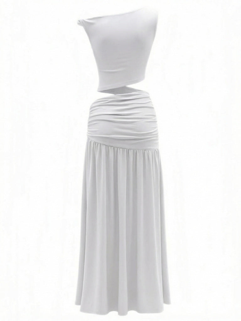 White 2PCS 1930s Off-Shoulder Top & Slit Ruched Maxi Skirt-back-view