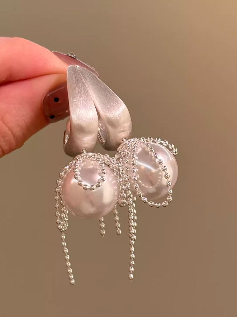 White Copper Pearl Tassel Drop Earrings - vintage fashion, retro style, pure white
