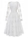 White vintage dress with floral embroidered lace and square neckline in 1950s retro style