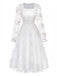 White vintage dress with floral embroidered lace and square neckline in 1950s retro style