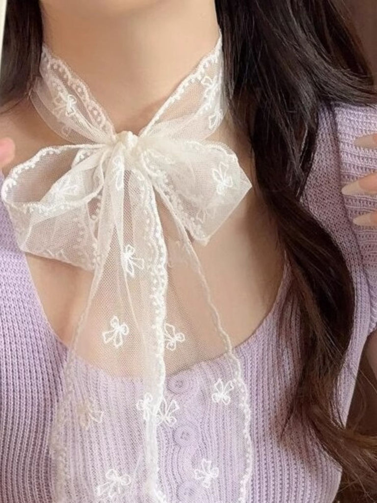 Foulard Dentelle Brodé Nœud Blanc 4