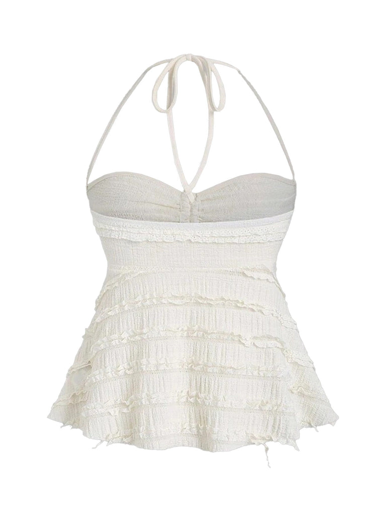 Y2K Uni Texturé Halter Froncé Babydoll Haut 2