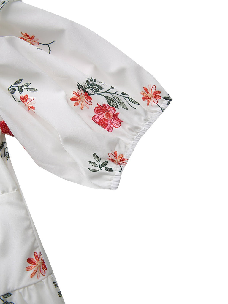 White 1930s Ruffled Off-Shoulder Puff Dress floral print pattern detail