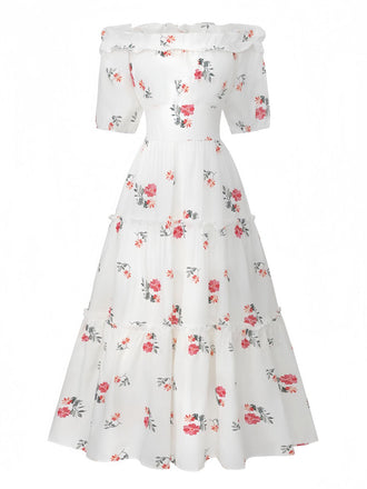 White 1930s Floral Ruffled Off-Shoulder Puff Dress front view