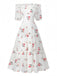 White 1930s Floral Ruffled Off-Shoulder Puff Dress front view