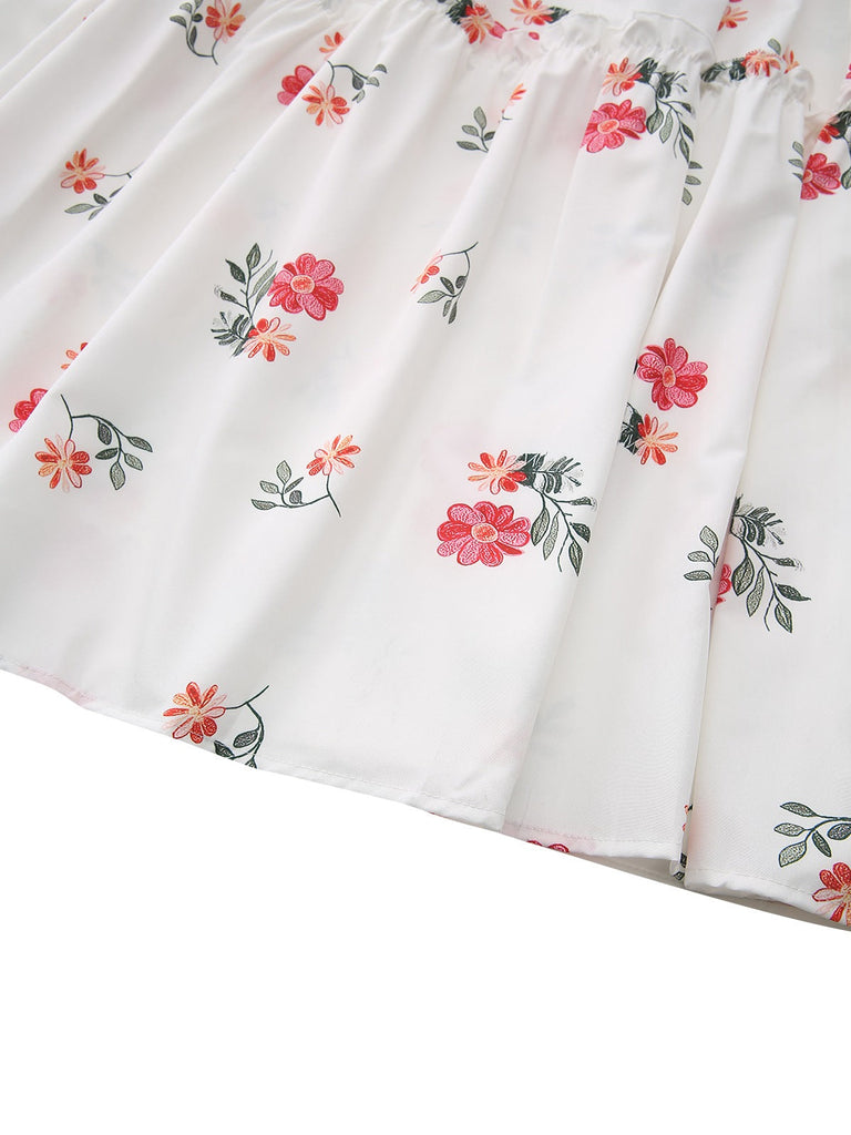 White 1930s Floral Ruffled Off-Shoulder Puff Dress hemline detail