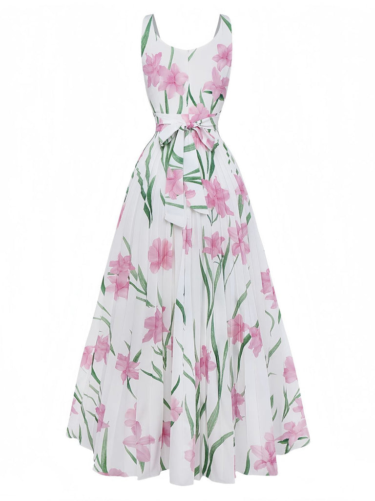 Robe longue blanche sans manches à col rond et imprimé floral années 1930