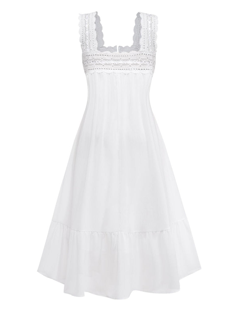 Front: White 1940s Solid Lace Patchwork Tie Front Dress, elegant vintage style, perfect for vintage fashion lovers