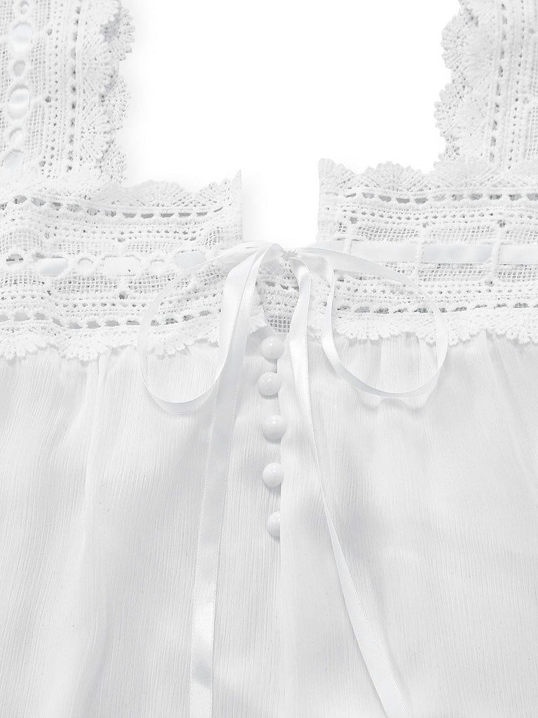 Front: White 1940s Solid Lace Patchwork Tie Front Dress, timeless beauty, perfect for vintage fashion lovers